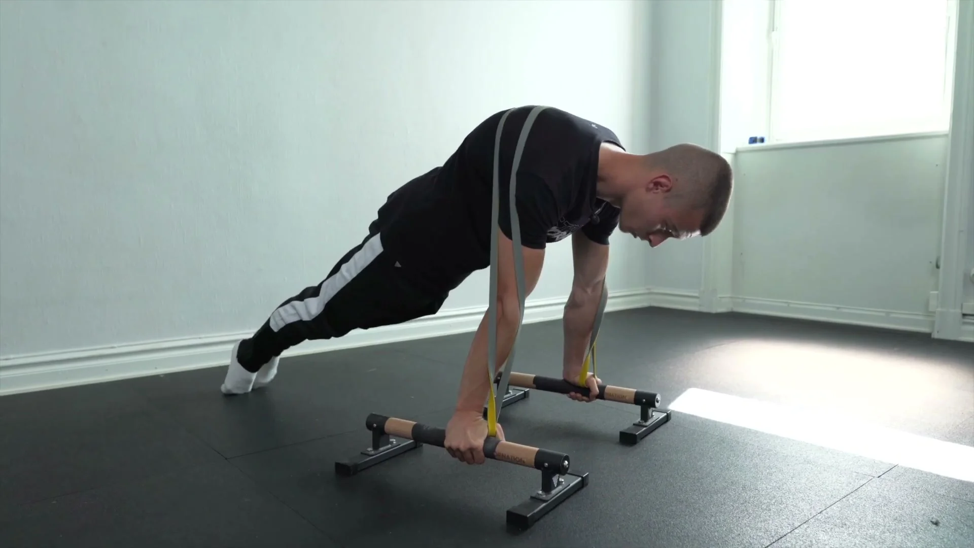 Daniel Hristov performing a planche lean push-up on parallettes with a resistance band across his back: body in a forward lean position with straight arms, showing the execution of the weighted lean push-up