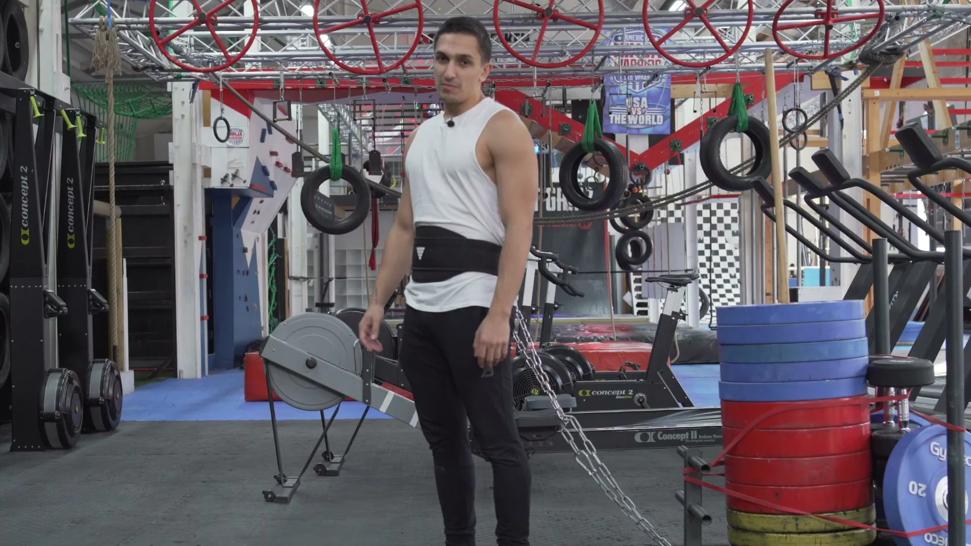 Daniel Flefil pulling a heavy sledge with the Gornation Dip Belt loaded to 710 kg