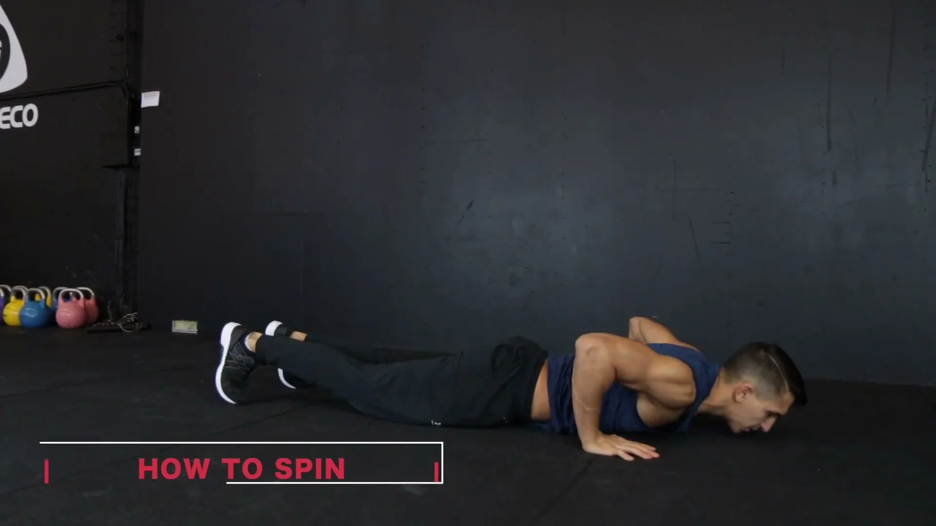 HOW TO SPIN label visible in push-up 360 tutorial frame, Daniel in low position showing the spin initiation technique