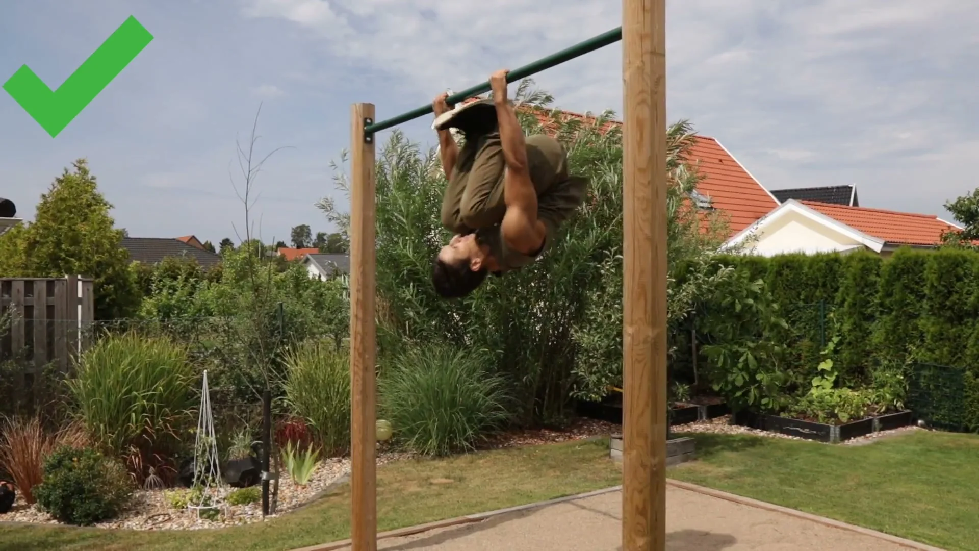 Correct jump approach for the shrimp flip: inverted hang on bar after jumping forward and up, upper body leading, legs creating swing behind